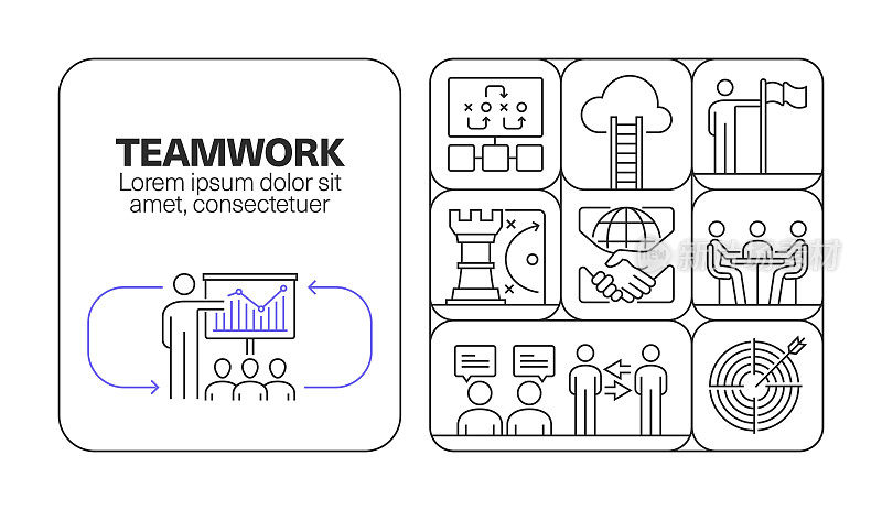 团队合作横幅线图标集设计
