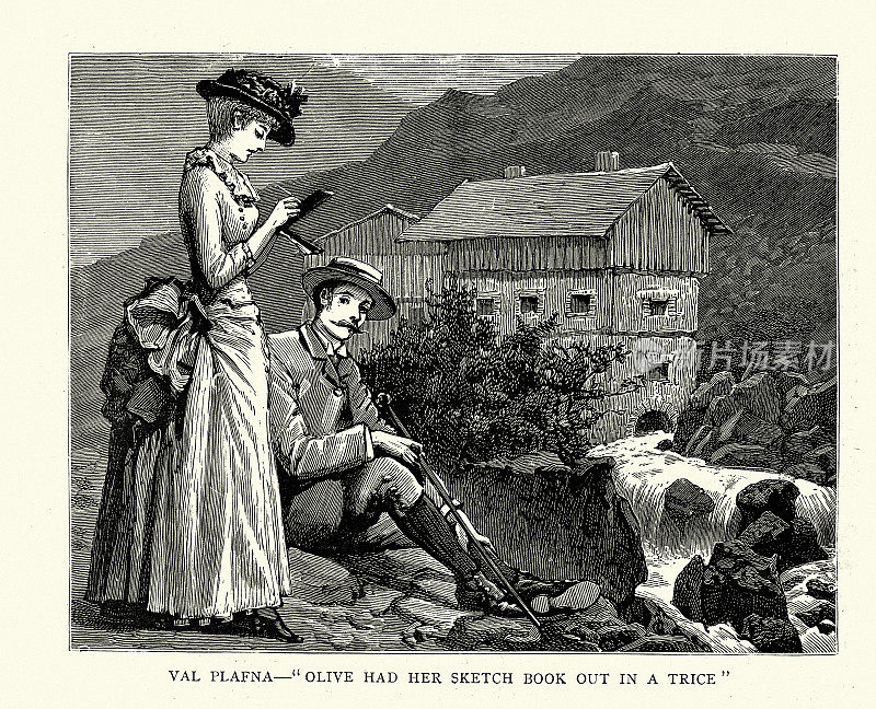 19世纪，瑞士阿尔卑斯山的恩加丁，英国游客在速写本上作画