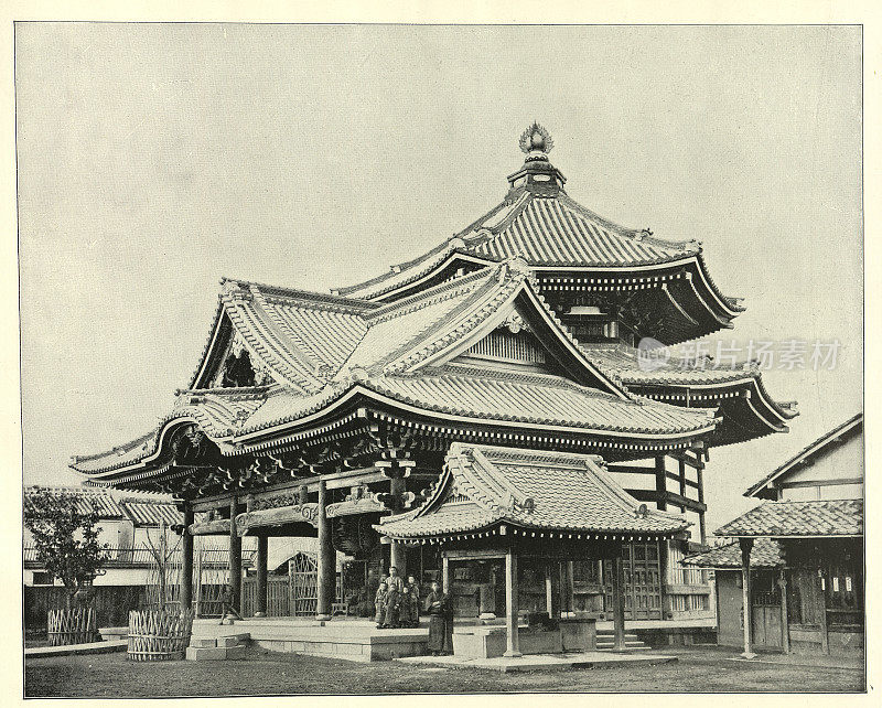 日本京都的六边形寺庙，19世纪90年代维多利亚时代的19世纪