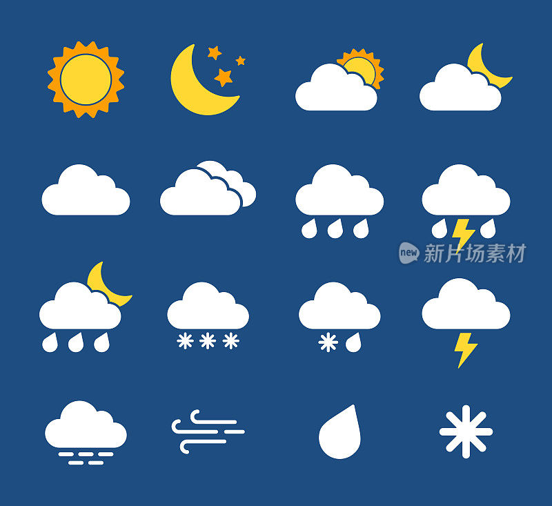 天气图标-在黑暗背景上为天气预报的平面彩色矢量集。太阳，月亮，云，雨，雪，雪花等
