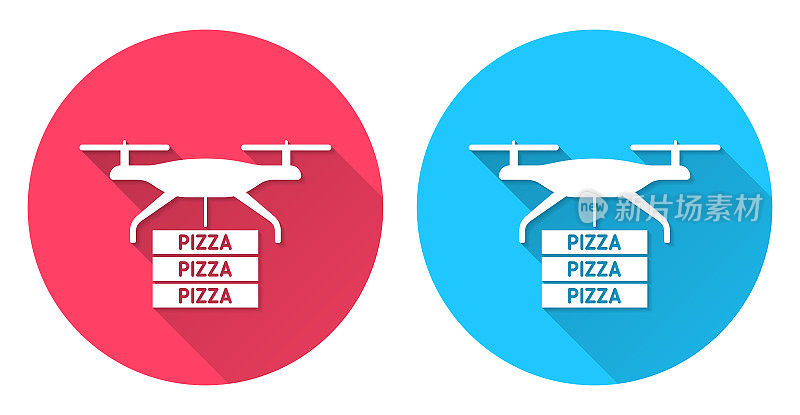 披萨外卖无人机。圆形图标与长阴影在红色或蓝色的背景
