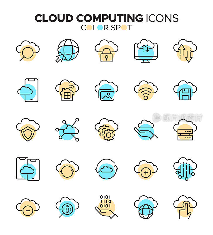 云计算-细线矢量色斑图标集-像素完美，可编辑笔画-大数据，数据分析，人工智能，机器学习，数据中心，网络安全