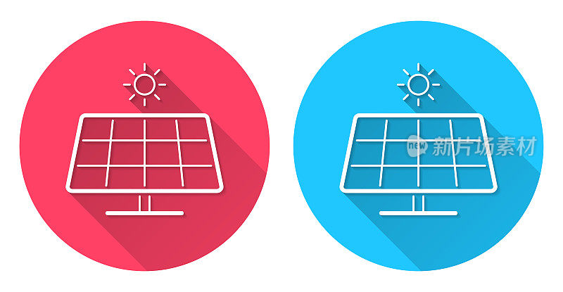 太阳能电池板与太阳。圆形图标与长阴影在红色或蓝色的背景