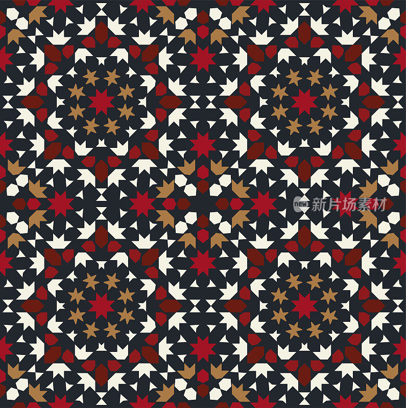 阿拉伯图案。红色，棕色和黑色的纺织品设计。几何织物样品。
