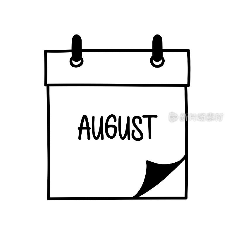 8月。手绘日历图标矢量插图。月份，时间表，日期