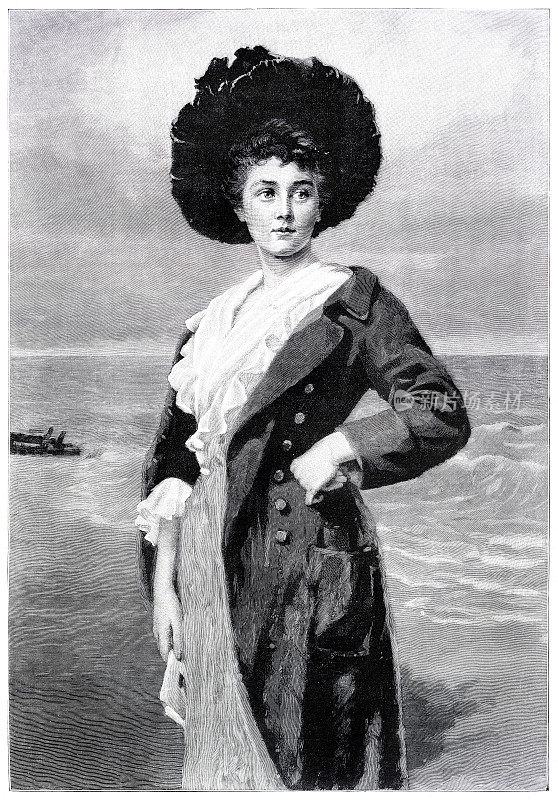 年轻的维多利亚女人在海滩上1863年雕刻