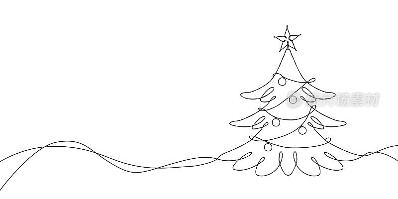 圣诞树在雪连续线条绘制与可编辑的笔触。