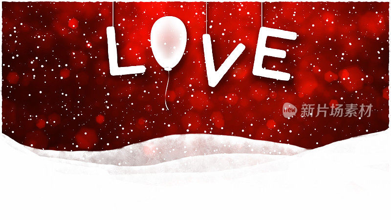 充满活力的红色栗色斑点情人节背景与雪山，星星和闪闪发光的弯曲波浪形边界，一个气球在闪闪发光的雪的背景下，大粗体创意悬挂文字“爱的爱”庆祝背景海报，横幅