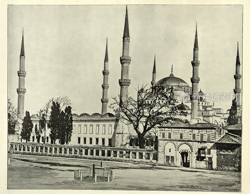 苏丹艾哈迈德清真寺，君士坦丁堡，土耳其，维多利亚时代的复古照片，19世纪90年代19世纪奥斯曼历史