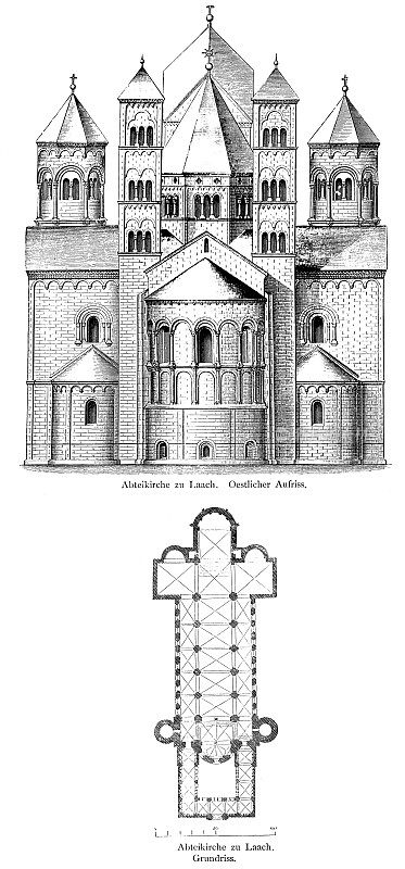 玛丽亚拉奇修道院立面和平面图的木刻