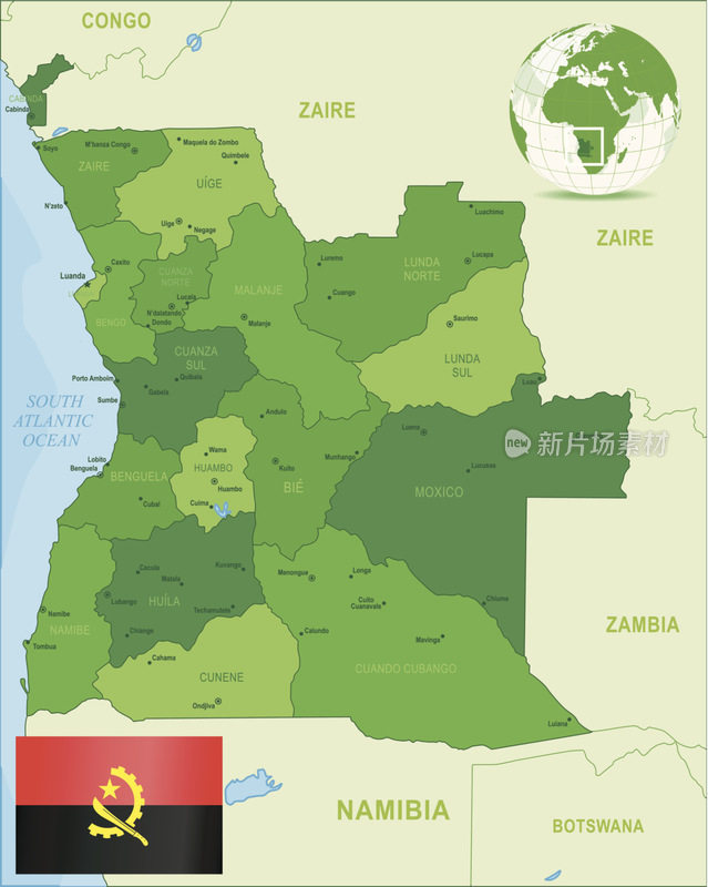 安哥拉的绿色地图-国家，城市和旗帜