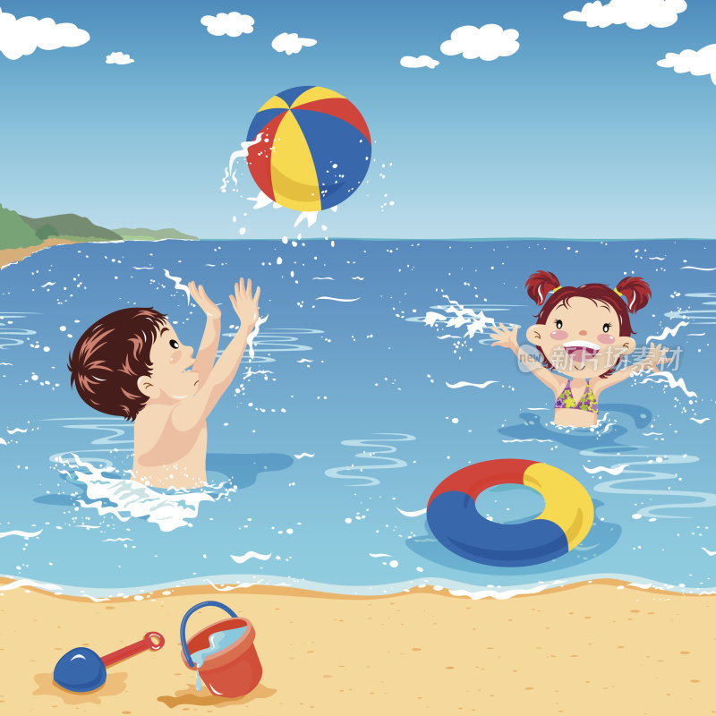 两个孩子在海边玩沙滩球