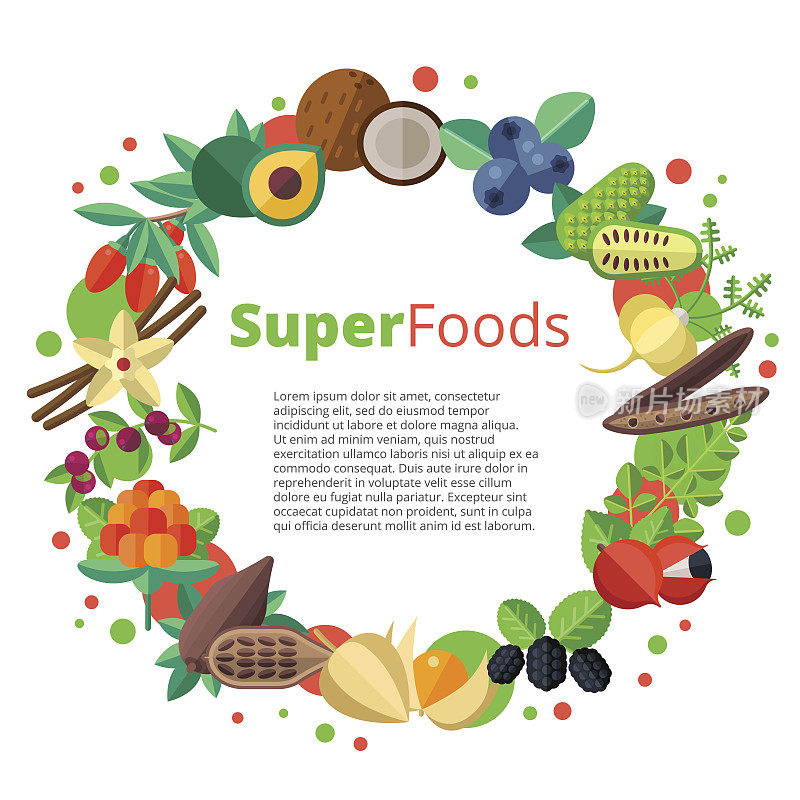 有超级食物背景的水果，蔬菜，浆果，坚果和