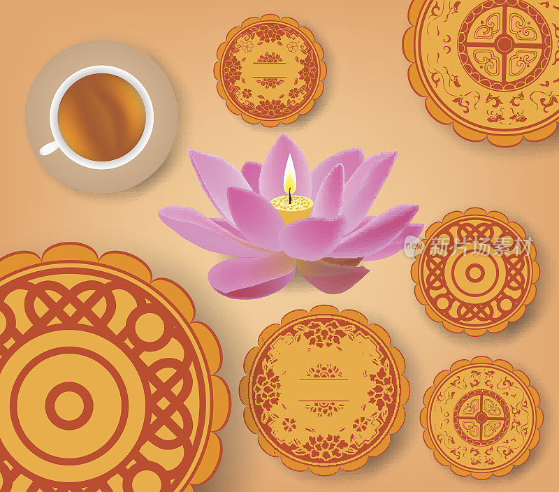 中国中秋节有莲花灯，茶和蛋糕