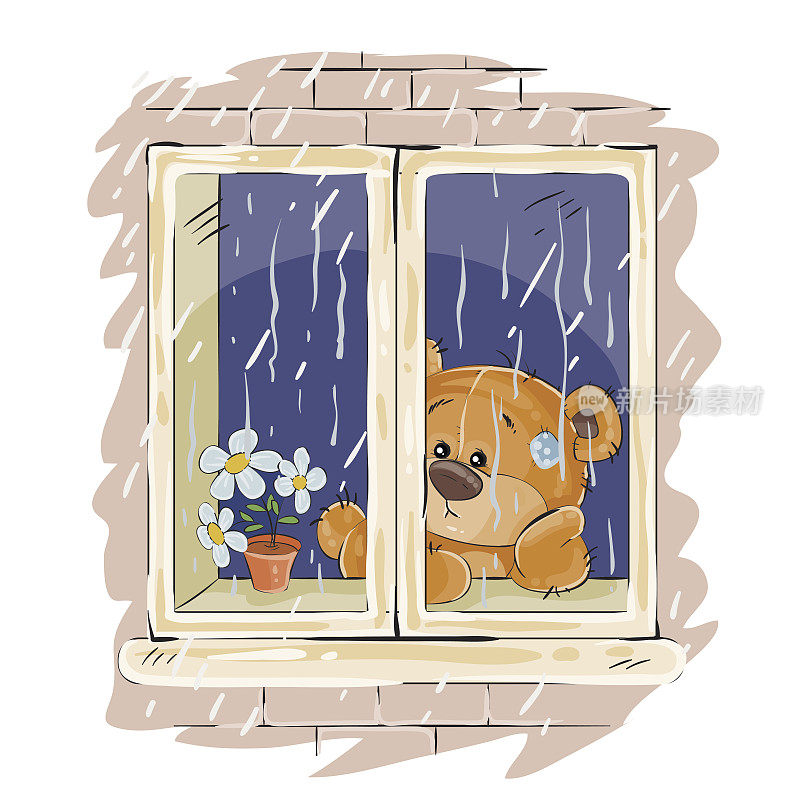 向量插图的棕色泰迪熊看着窗外的雨和悲伤