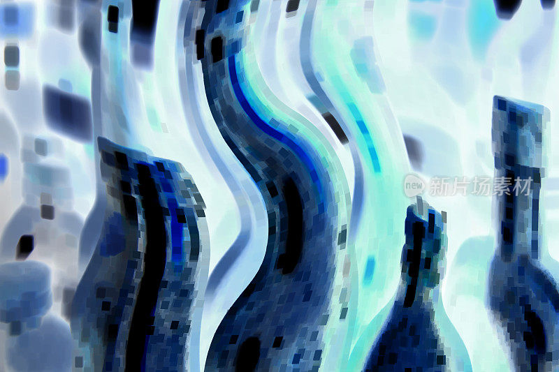 瓶子扭曲在蓝色色调的抽象背景。