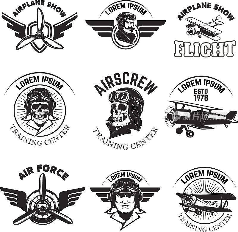 集空军、飞机表演、飞行学院徽章。老式的飞机。徽章、标签的设计元素。矢量插图。