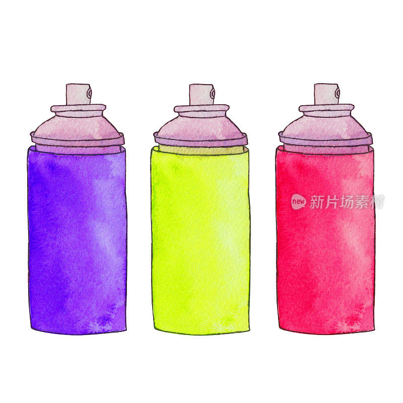 三个彩色喷雾罐。喷漆罐。油漆瓶。水彩手绘插图。孤立在白色背景上。