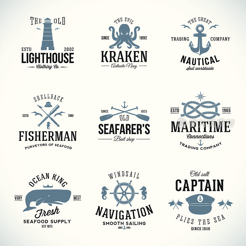 复古的航海标签和标志与复古的排版