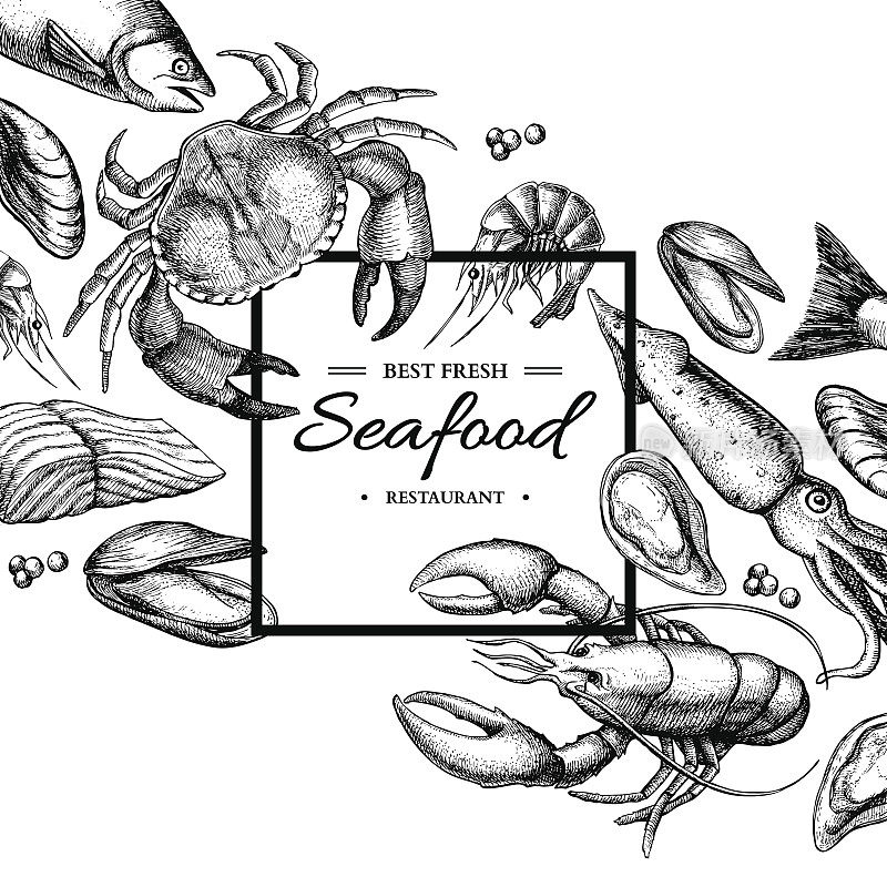 海产品手绘矢量框插图。螃蟹，龙虾，虾，牡蛎，贻贝，