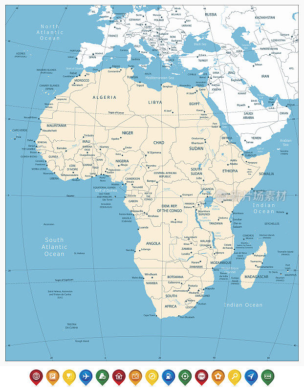 非洲地图高度详细和彩色地图指针
