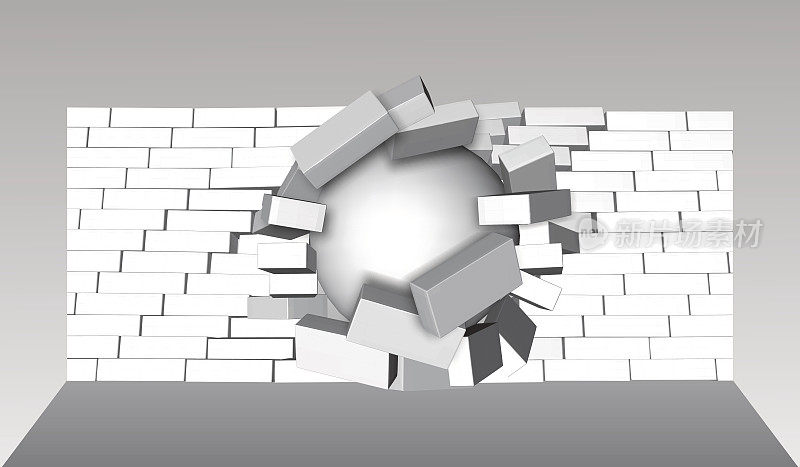 破坏砖墙3D打破砖墙。墙被打碎或破碎。破坏抽象背景。