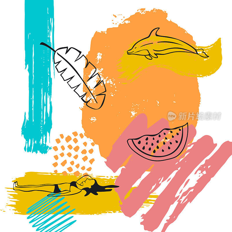 手绘抽象离奇的夏日度假海滩画笔艺术笔触纹理和勾勒拼贴卡背景与香蕉叶海豚西瓜和日光浴女孩涂鸦