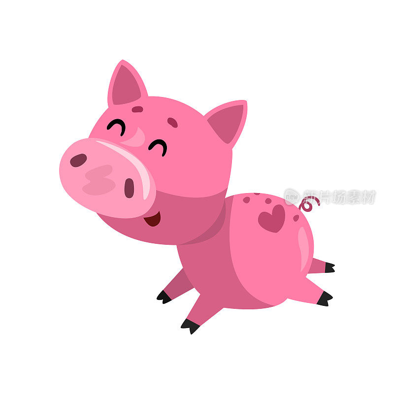 粉红色滑稽微笑的卡通小猪在奔跑，可爱的小小猪角色矢量插图在白色的背景