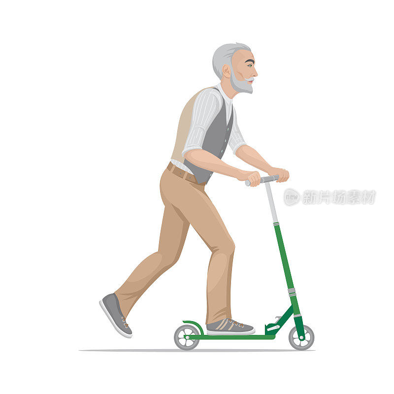 一幅色彩鲜艳的卡通图画，一个上了年纪的时尚、运动的潮人正骑着踏板车。矢量插图，孤立的背景。