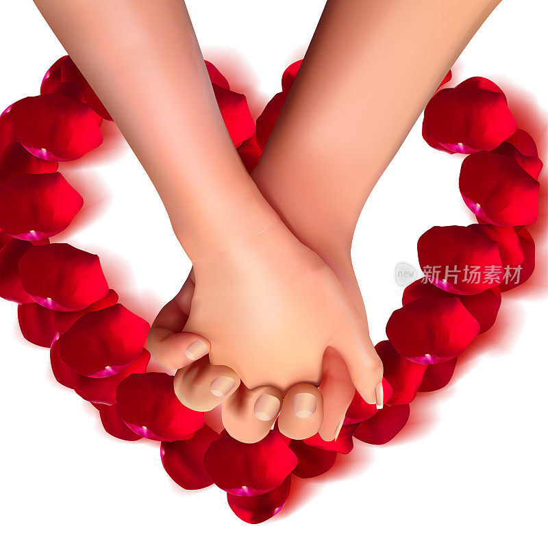 现实的手的情人和玫瑰花瓣顶视图上孤立的白色背景。爱和友谊。3月8日情人节3d插画。矢量图