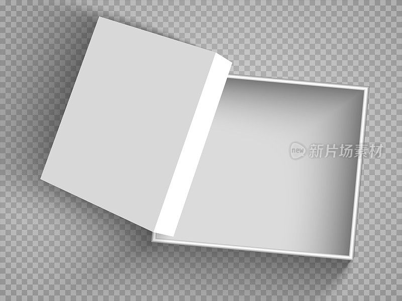 打开带有盖子的白色硬纸盒。插图孤立在透明背景上。向量EPS10