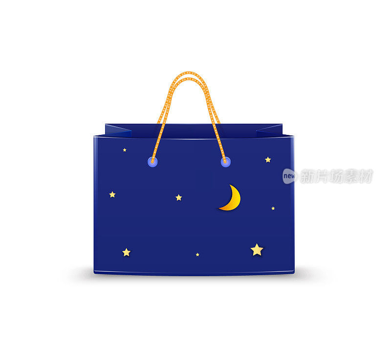 现实的深蓝色纸袋与金色的星星和月亮，夜间购物袋的想法，