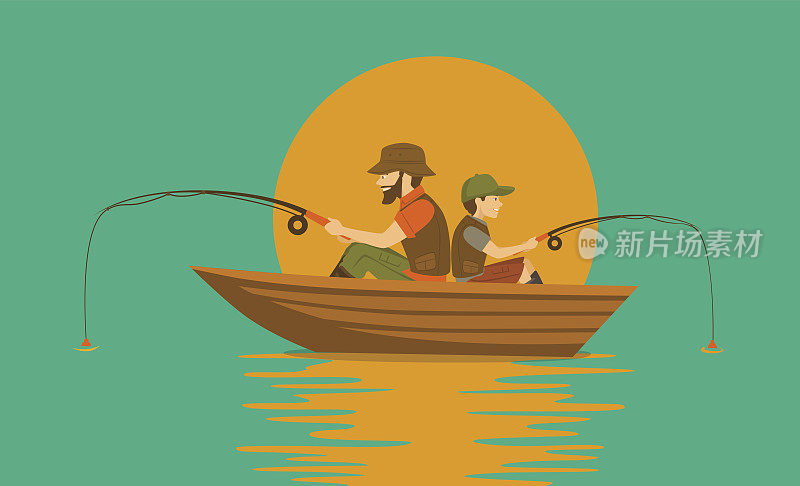 父亲和儿子在湖上的船上钓鱼