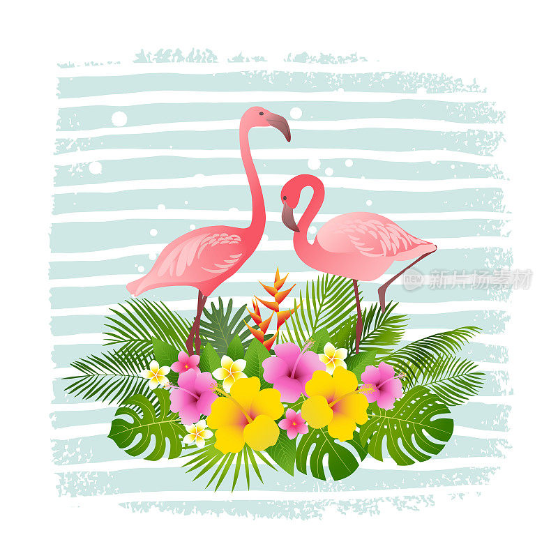 热带夏季设计。火烈鸟、棕榈叶、热带植物、花卉。矢量插图。