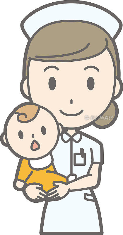 插图由一个穿白大褂的女护士抱着一个婴儿