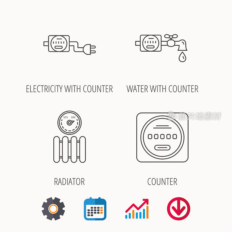 电，散热器和水柜台图标。