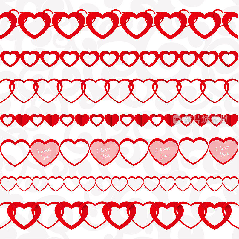 红色无缝纸花环的心设置在白色无缝图案的背景