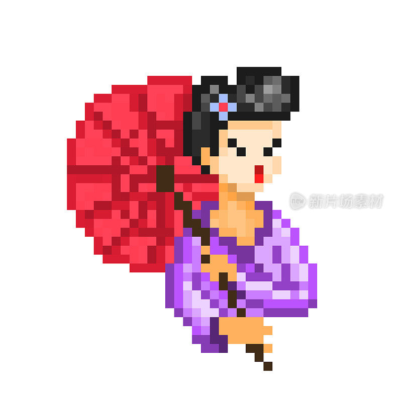 艺伎穿着紫色和服和红色伞，8位像素艺术人物孤立在白色背景上。穿着日本传统服装的亚洲女孩。复古80年代;90年代的视频游戏图像。日本的象征。