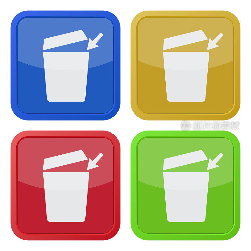 四个方形的彩色图标，打开盖子的垃圾桶