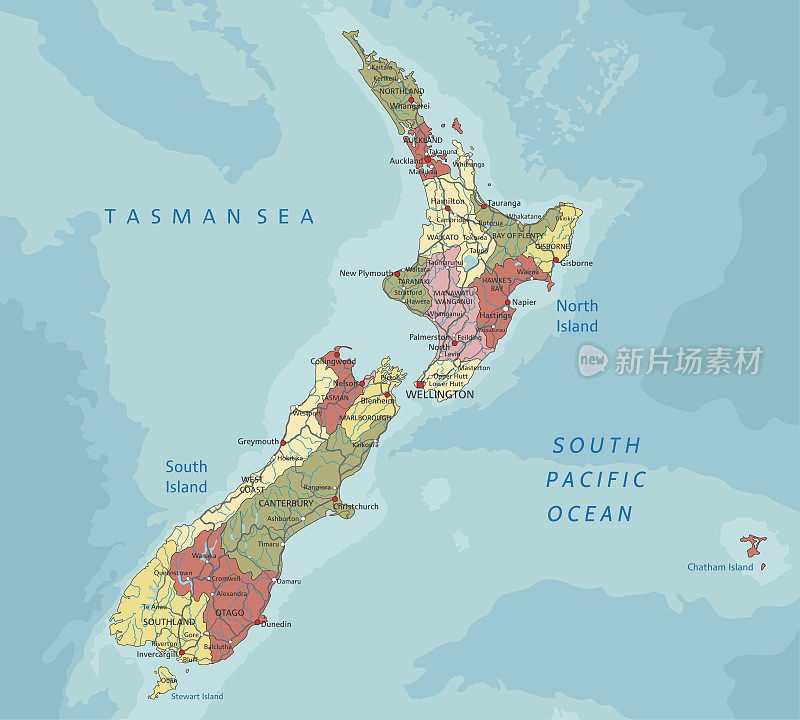 新西兰-高度详细的可编辑的政治地图与标签。