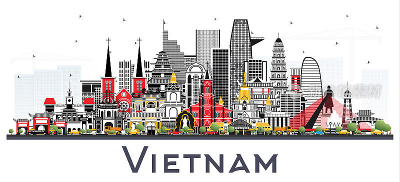 越南城市天际线与灰色的建筑物孤立在白色。