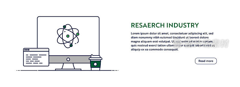 研究行业概念与线计算机插图。最小设计的网页横幅，海报，传单和宣传册模板与Atom图标。