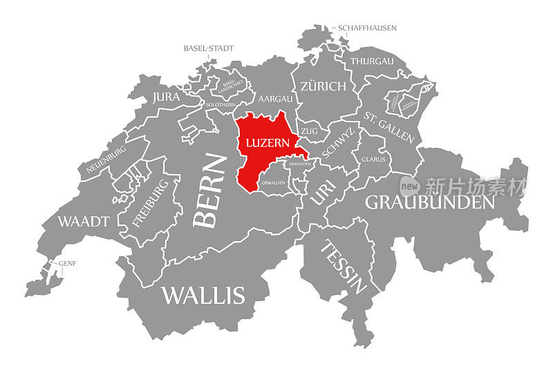 卢塞恩红色在瑞士地图上突出显示