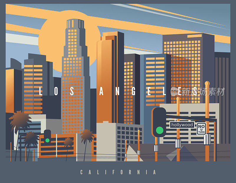 洛杉矶黄金时段的城市景观，矢量图。风格的天际线洛杉矶，加利福尼亚，美国