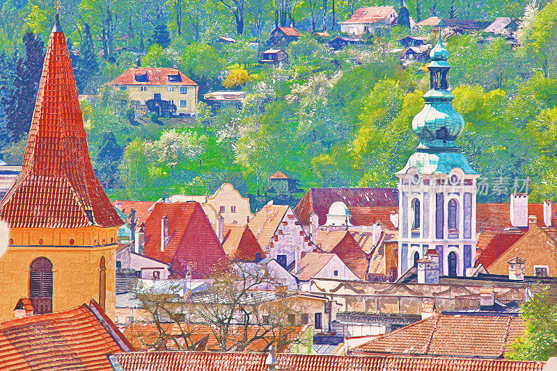 捷克共和国美丽的克鲁姆洛夫彩色铅笔画。