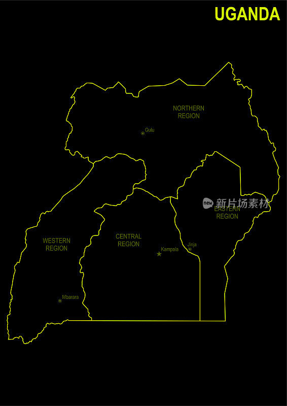 黑色背景下的乌干达霓虹地图