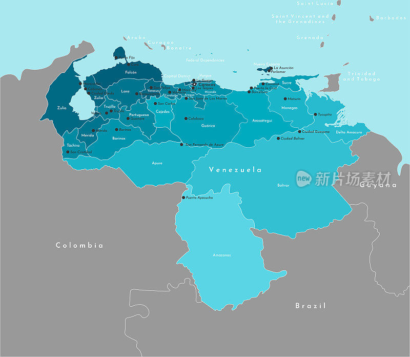 现代插图向量。简化行政地图的委内瑞拉和边境与邻国。加勒比海的蓝色背景。委内瑞拉城市和州的名字。