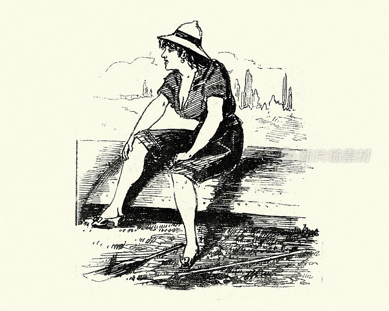 19世纪，维多利亚时代，一名年轻女子坐在翻过来的船上