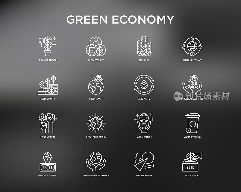 绿色经济图标集:金融增长、绿色城市、零浪费、循环经济、绿色政治、反全球化、全球消费。环境问题的矢量插图。