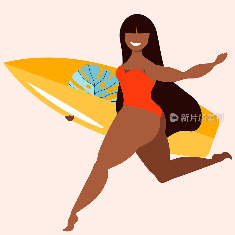 黑发女孩拿着冲浪板。一个拿着冲浪板的女孩。晒黑美女女性冲浪者。活跃的夏季体育手绘矢量插图。时髦的夏威夷海报设计的网页和印刷。